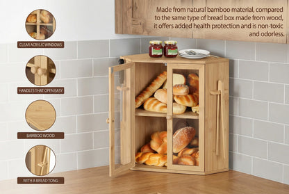 Bamboo Bread Box with Clear Doors – 2-Tier Kitchen counter organizer