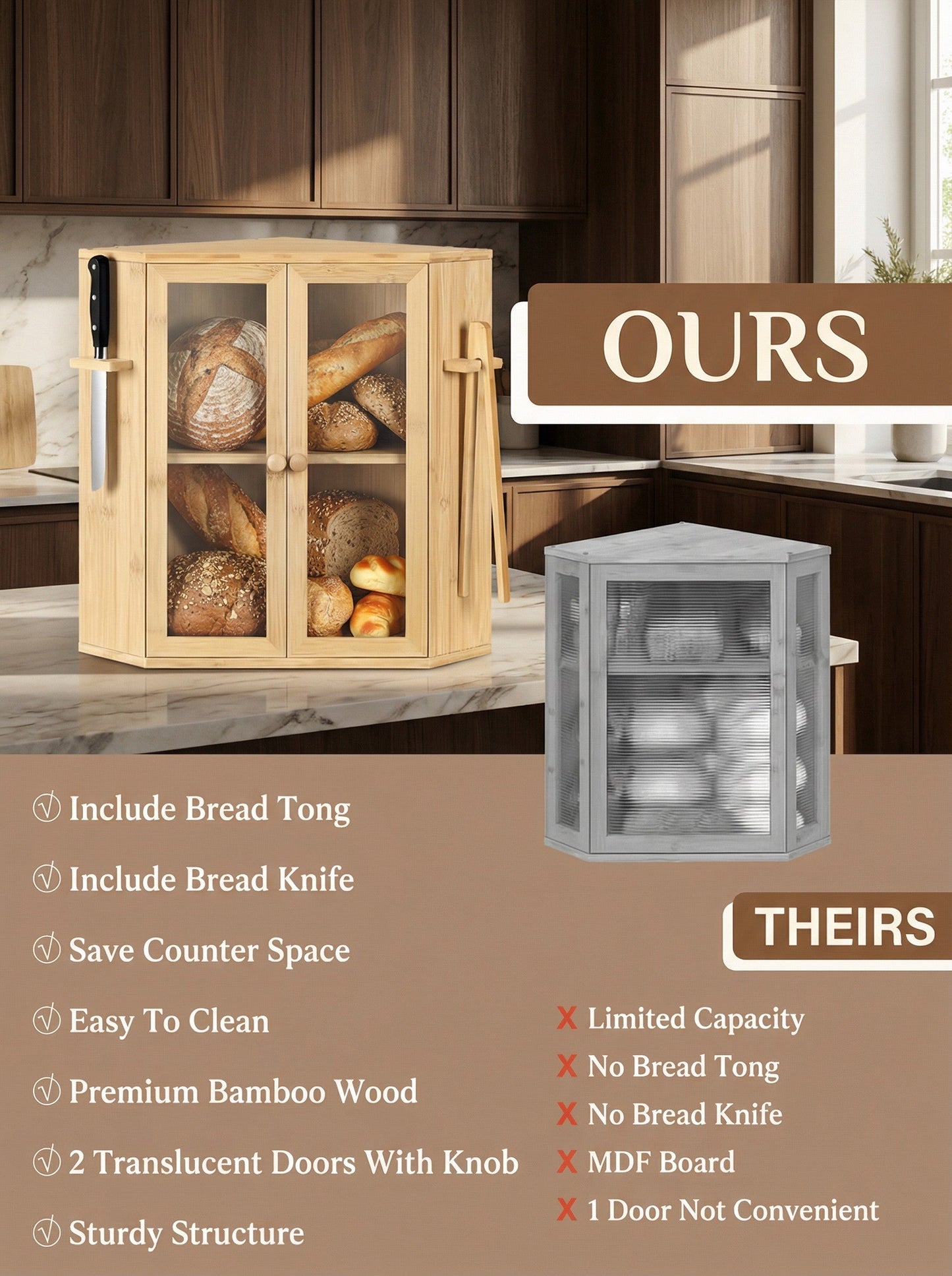 Bamboo Bread Box with Clear Doors – 2-Tier Kitchen counter organizer