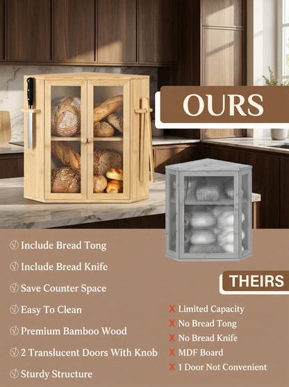 Bamboo Bread Box with Clear Doors – 2-Tier Kitchen counter organizer