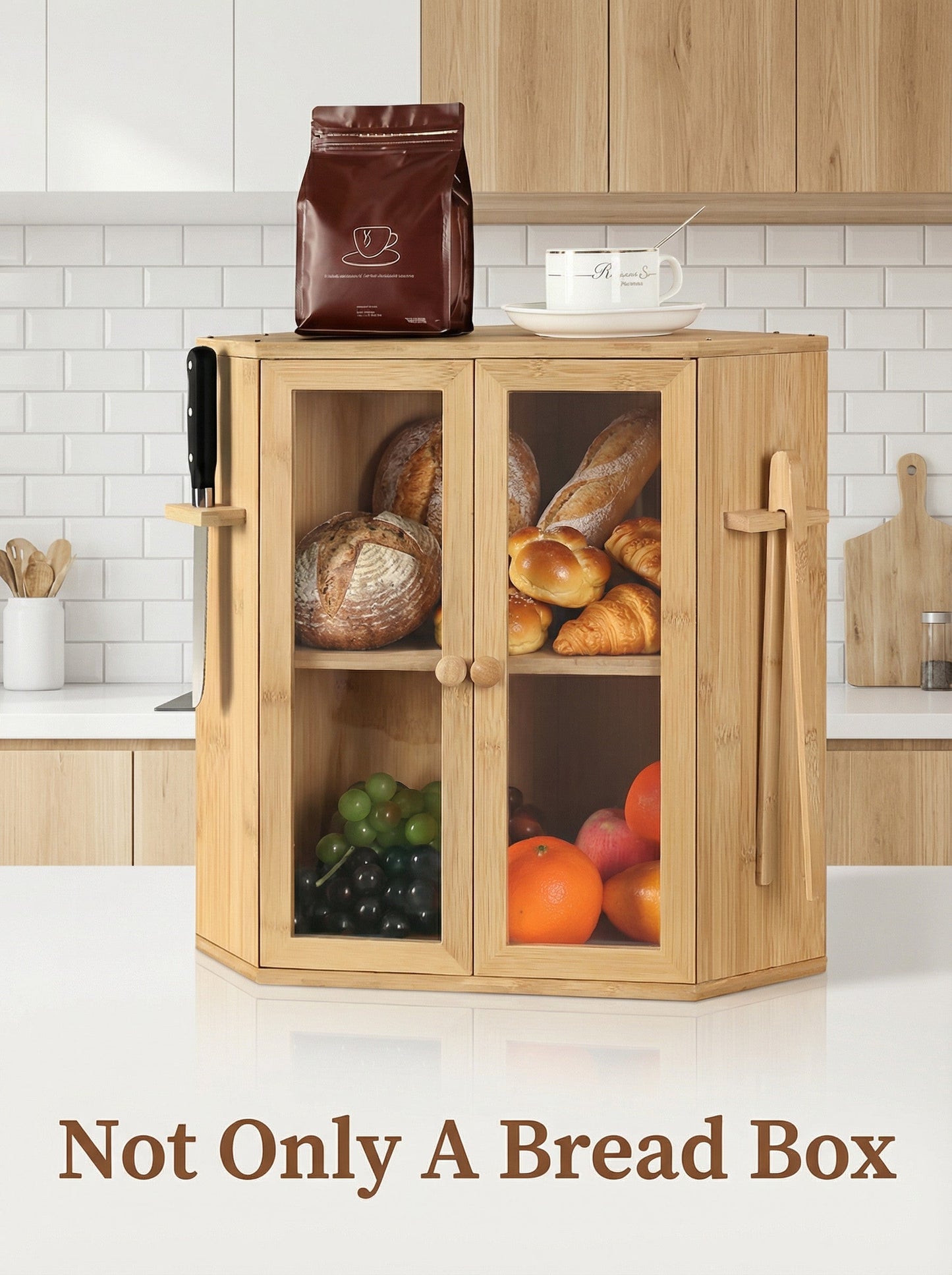 Bamboo Bread Box with Clear Doors – 2-Tier Kitchen counter organizer