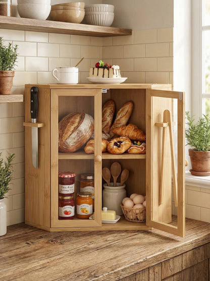 Bamboo Bread Box with Clear Doors – 2-Tier Kitchen counter organizer