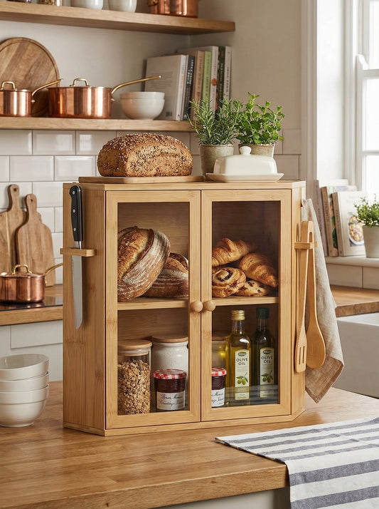 Bamboo Bread Box with Clear Doors – 2-Tier Kitchen counter organizer