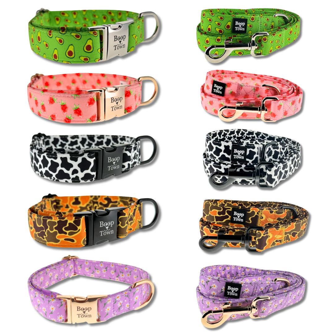 Boop Town Matching Dog Collar and Leash Set - Soft Cotton & Heavy Duty Nylon Core
