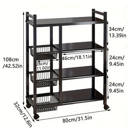 4-Tier Rolling Storage Rack with Baskets, Metal Utility Shelf on Wheels, Kitchen Garage Organizer