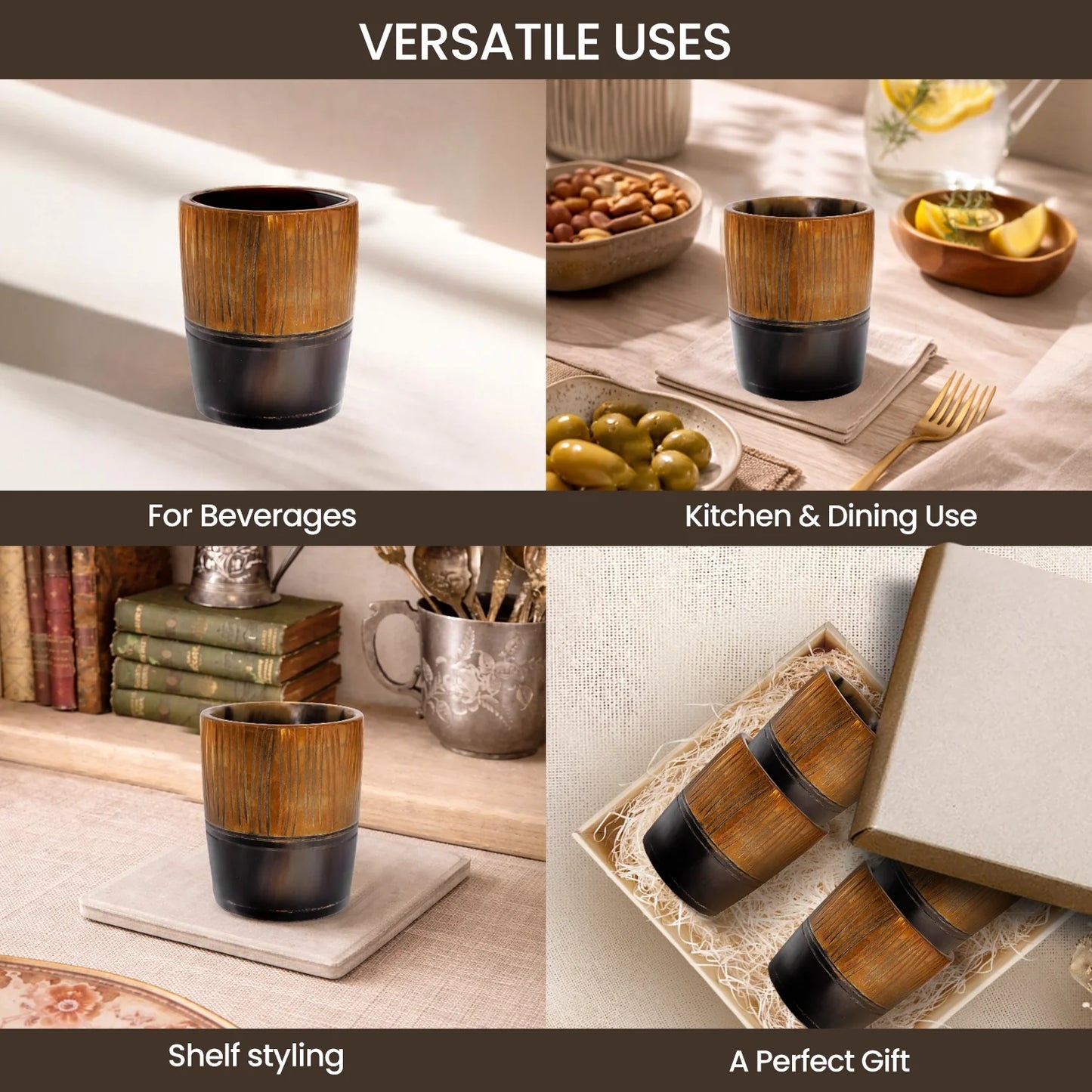 Whiskey Shot Cups Set Strips Pattern Real Ox Horn 6.5 oz, Pack 4, 8 & 12
